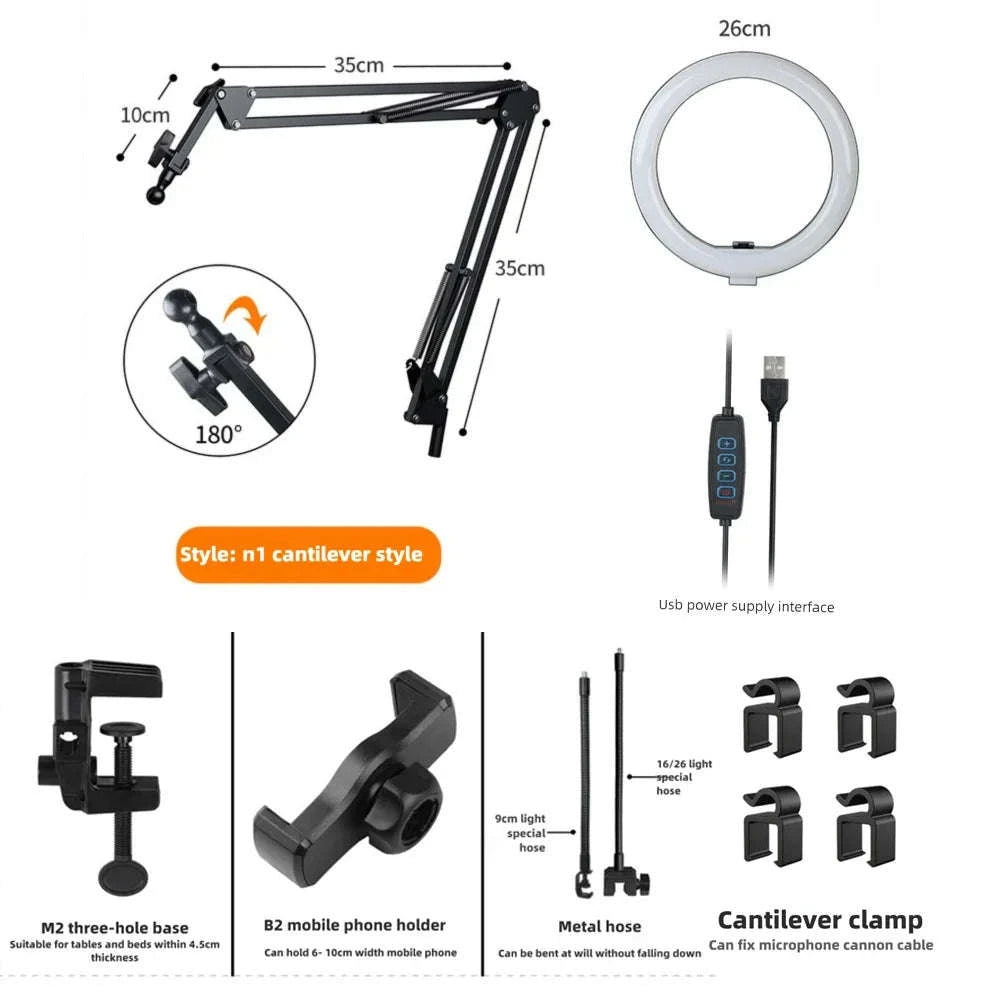 LED Phone Live Streaming Fill Light with Flexible Robotic Arm-Black