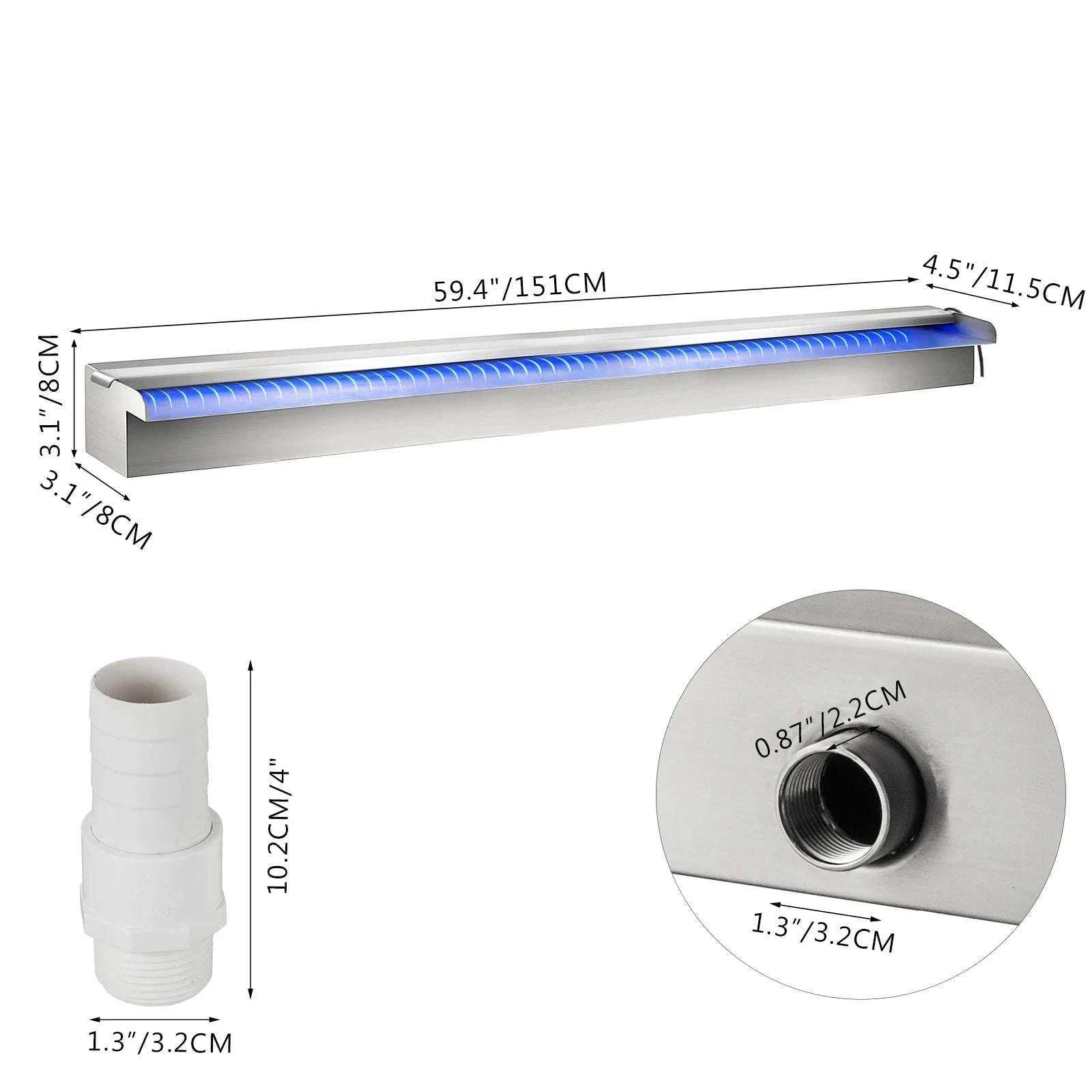 LED Pool Fountain Waterfall 59" Stainless Steel Color Changing Light-SWLED300 / United States