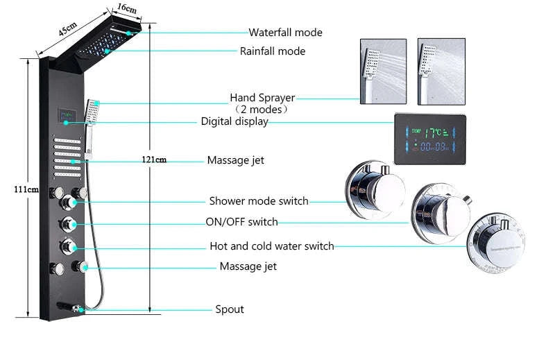 LED Shower Panel Massage Jet Shower System-Black 8804 / United States