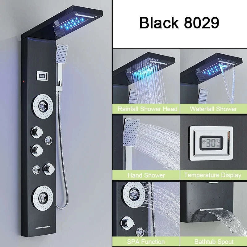 LED Shower Panel Massage Jet Shower System-Black 8804 / United States