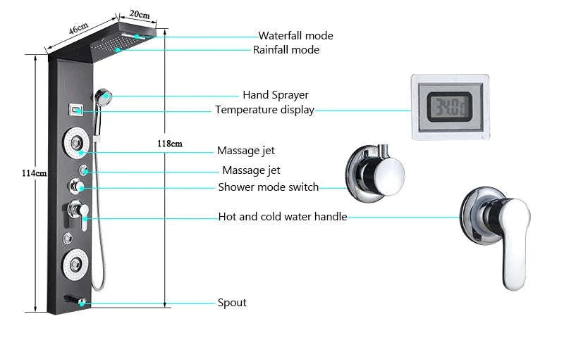 LED Shower Panel Massage Jet Shower System-Black 8804 / United States