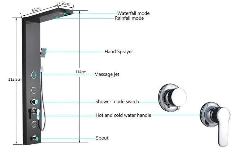 LED Shower Panel Massage Jet Shower System-Black 8804 / United States