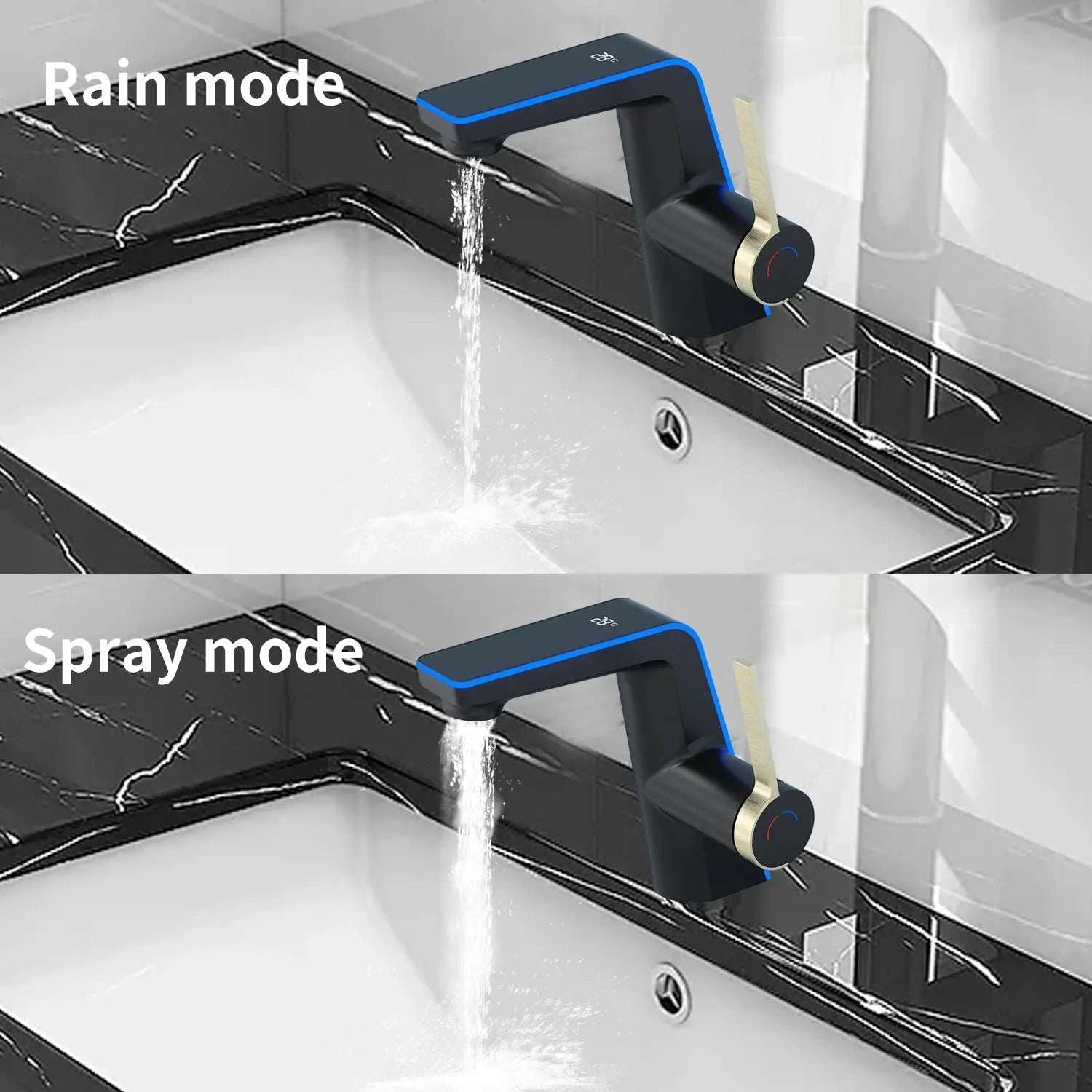LED Temperature Display Bathroom Faucet with Dual Spray Modes-Black / france / Surface Finishing: include 60cm hose