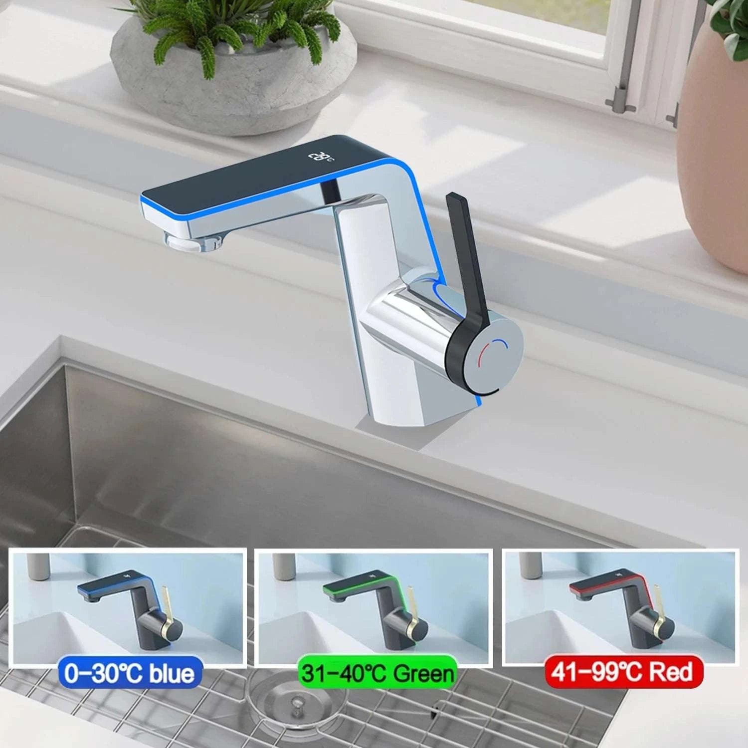 LED Temperature Display Bathroom Faucet with Dual Spray Modes-Black / france / Surface Finishing: include 60cm hose