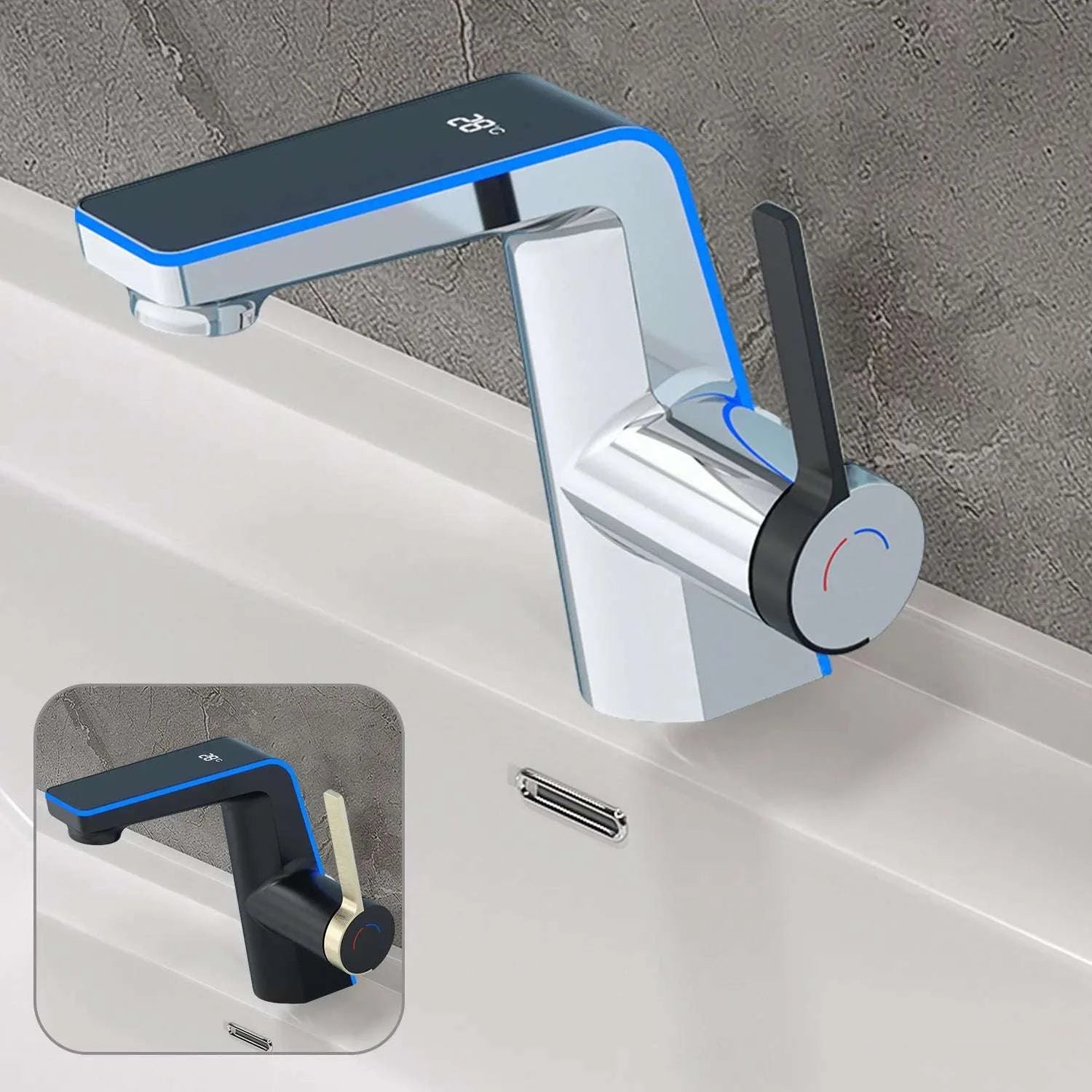 LED Temperature Display Bathroom Faucet with Dual Spray Modes-Black / france / Surface Finishing: include 60cm hose