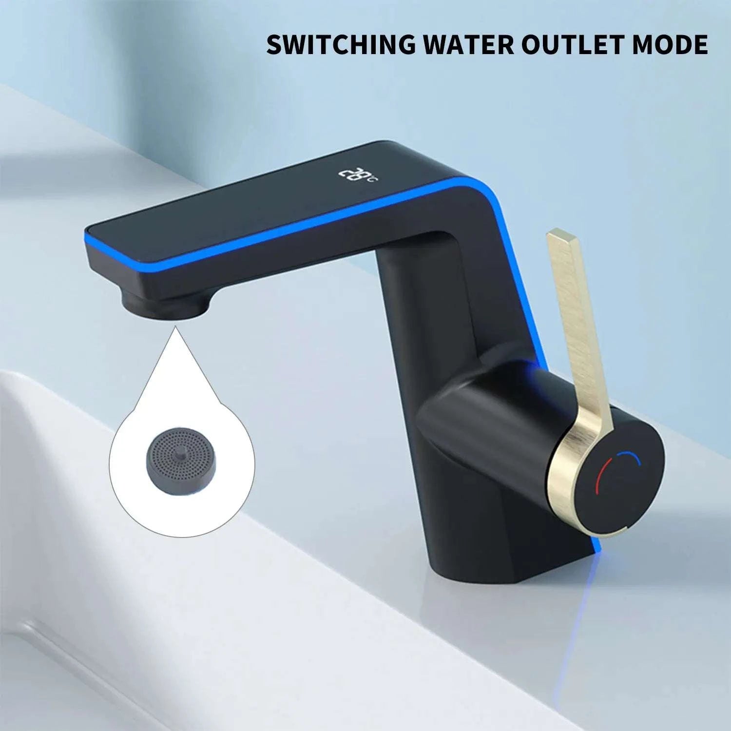 LED Temperature Display Bathroom Faucet with Dual Spray Modes-Black / france / Surface Finishing: include 60cm hose