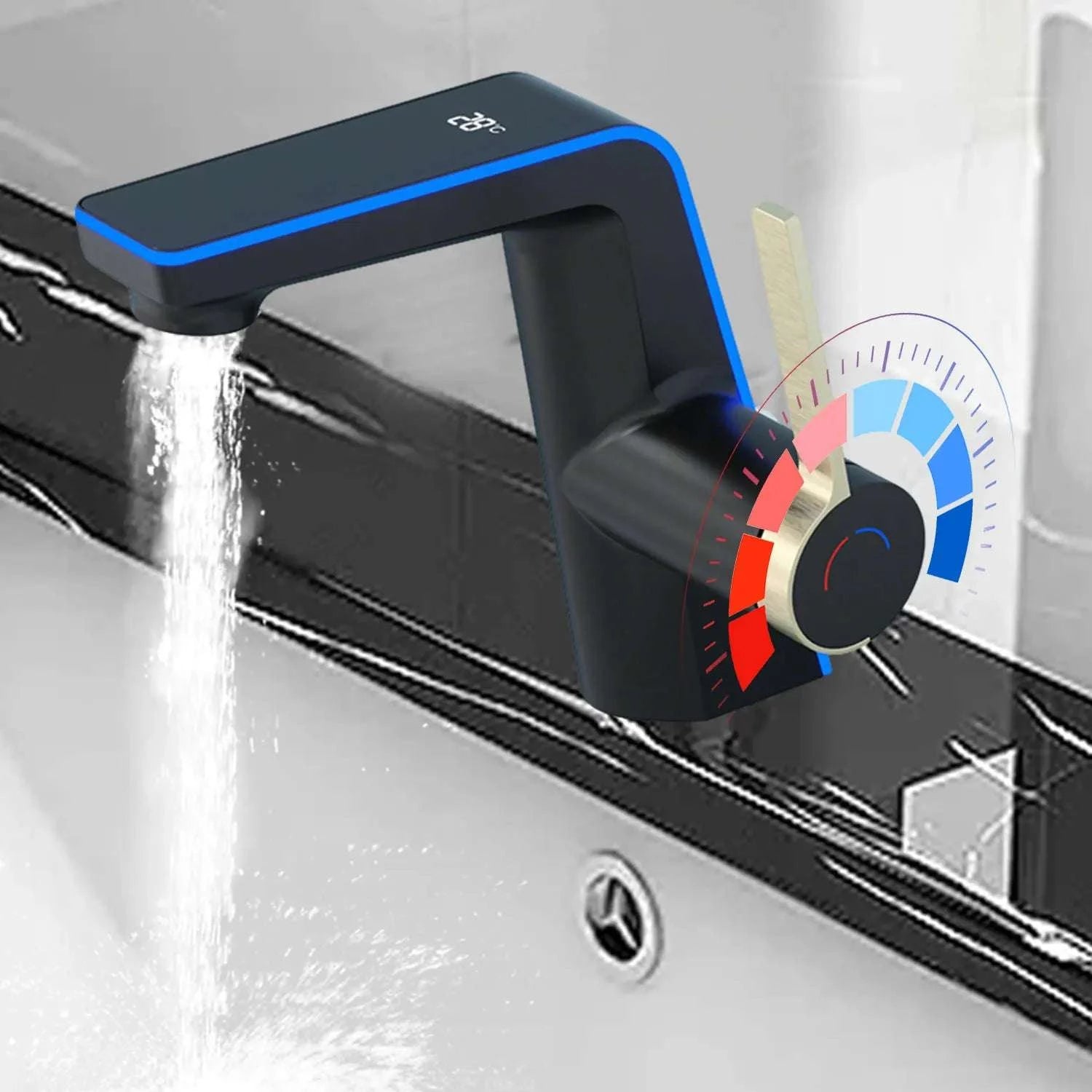 LED Temperature Display Bathroom Faucet with Dual Spray Modes-Black / france / Surface Finishing: include 60cm hose