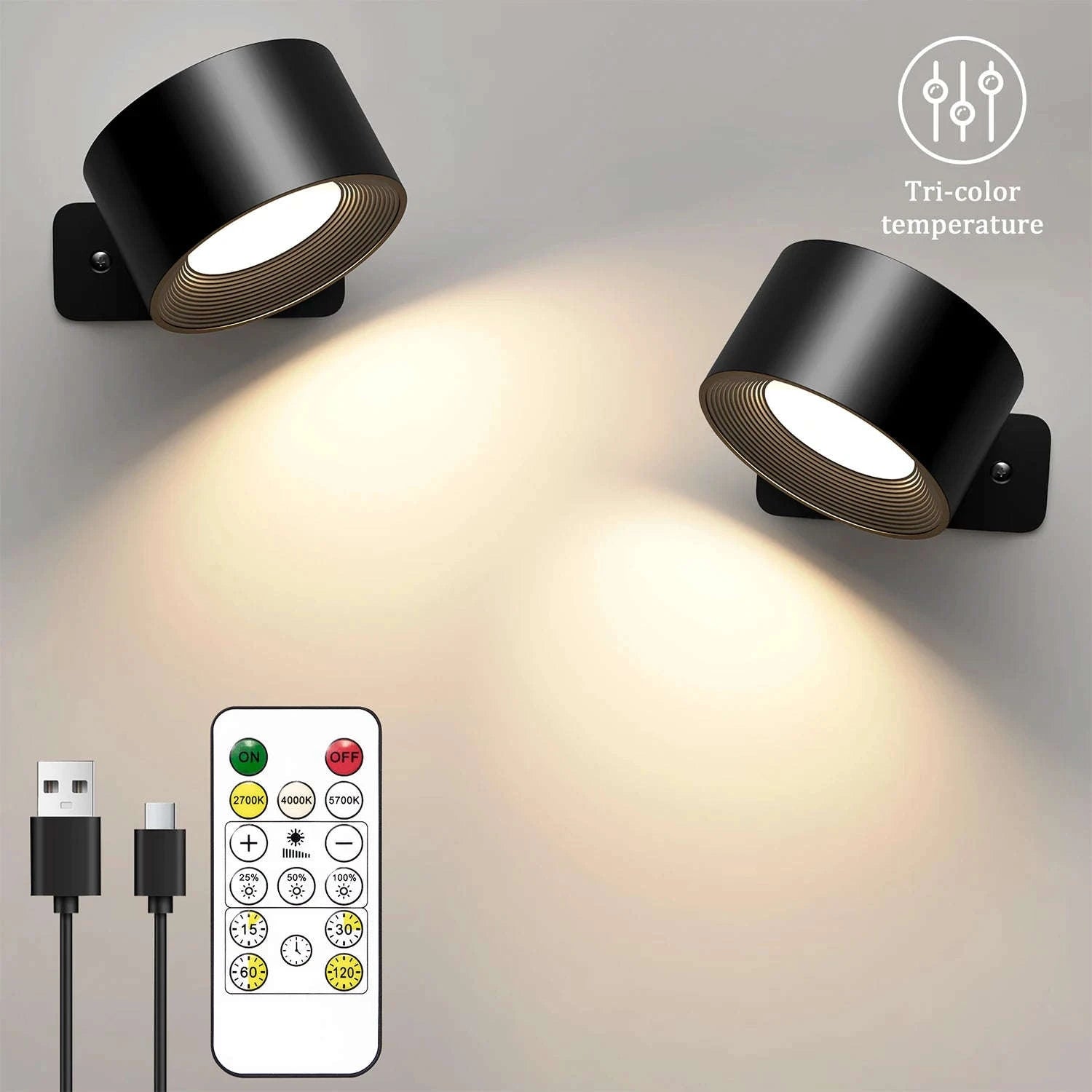 LED Wall Sconce Light with Touch Control and 360° Rotation-black / black 2 pcs