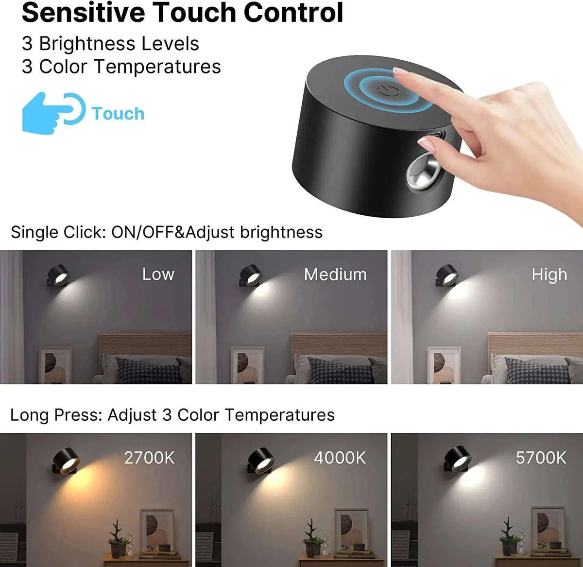 LED Wall Sconce Light with Touch Control and 360° Rotation-black / black 2 pcs