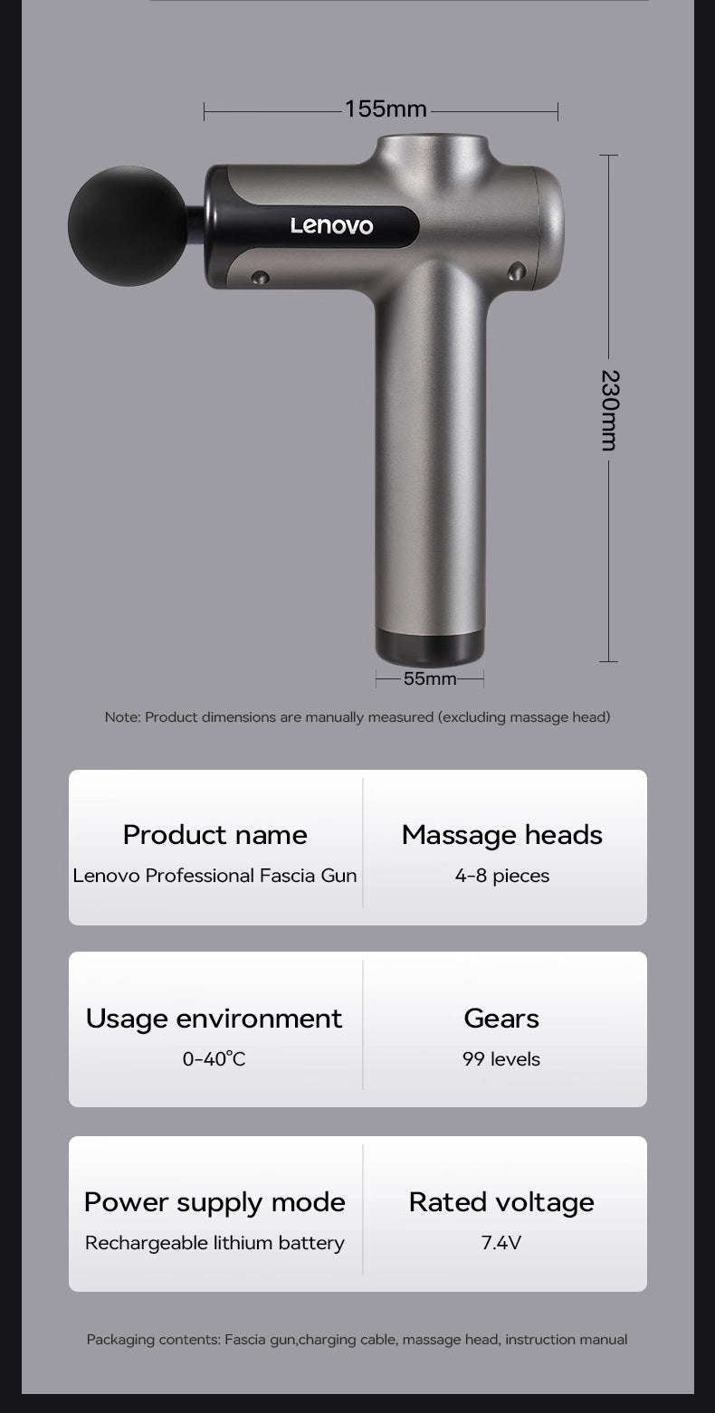 Lenovo Wireless Massager Gun with 8 Massage Heads-Grey