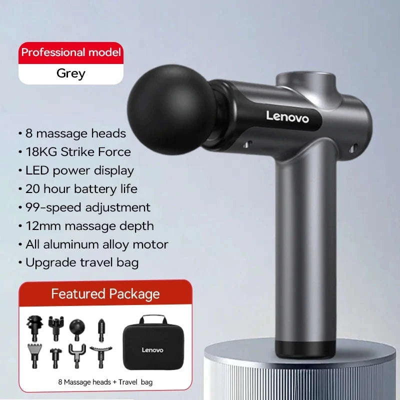 Lenovo Wireless Massager Gun with 8 Massage Heads-Grey