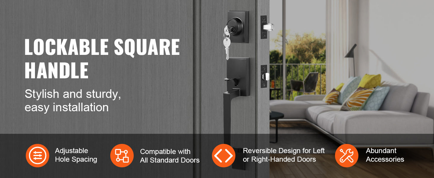 Matte Black Front Door Handle Set with Reversible Lever & Lock