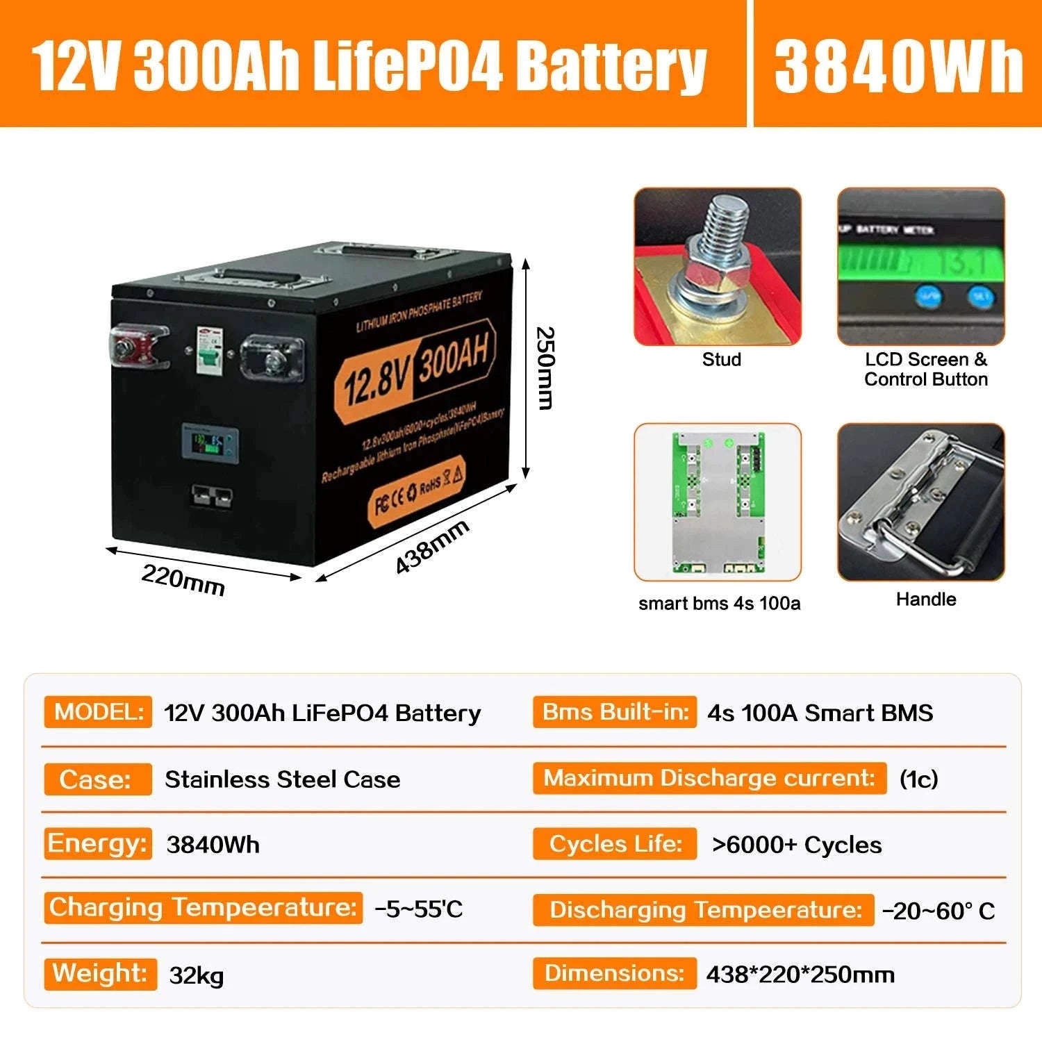 LiFePO4 Lithium Battery 100Ah-400Ah 12V/24V/48V with 100A BMS-12V 400Ah-5210Wh / China Mainland