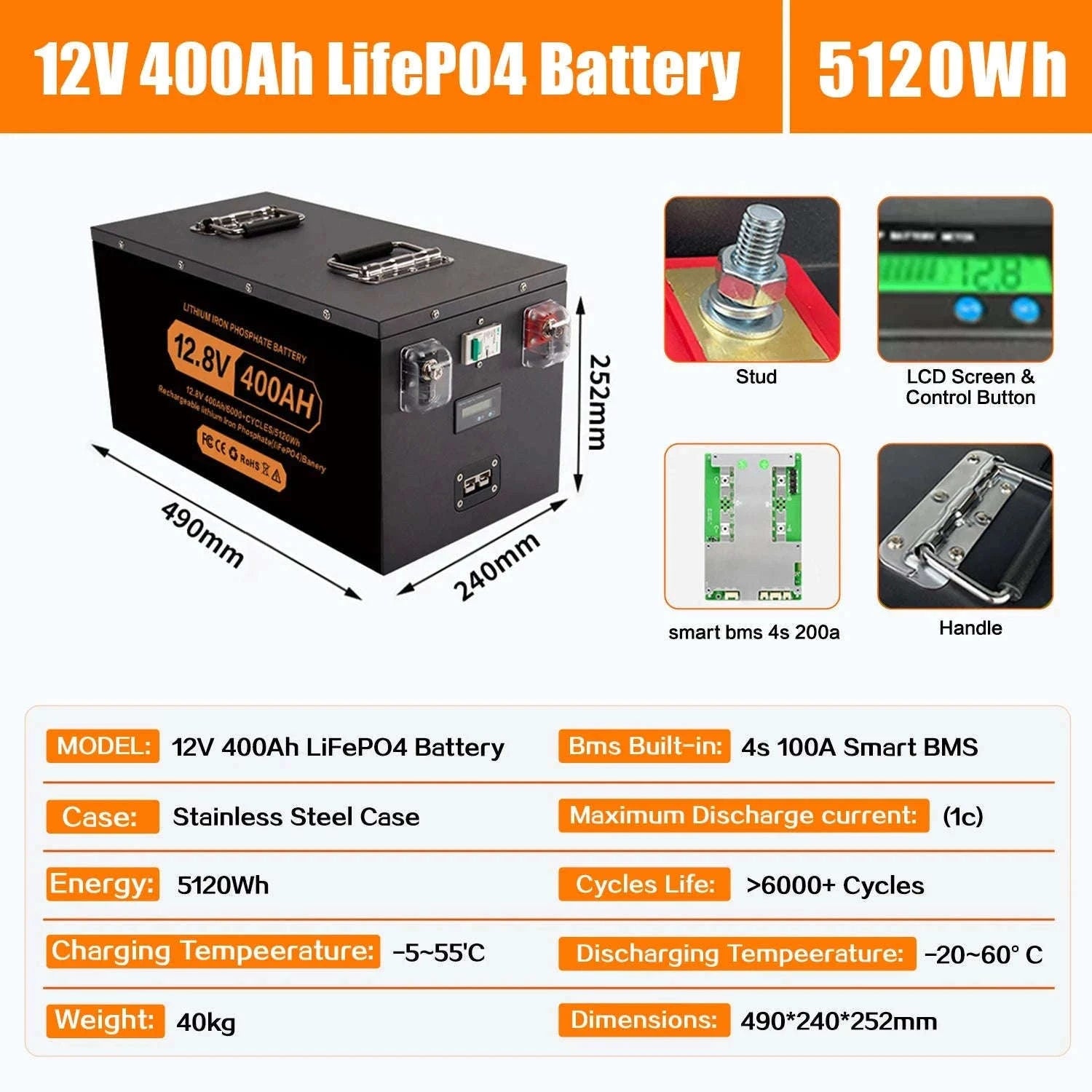 LiFePO4 Lithium Battery 100Ah-400Ah 12V/24V/48V with 100A BMS-12V 400Ah-5210Wh / China Mainland