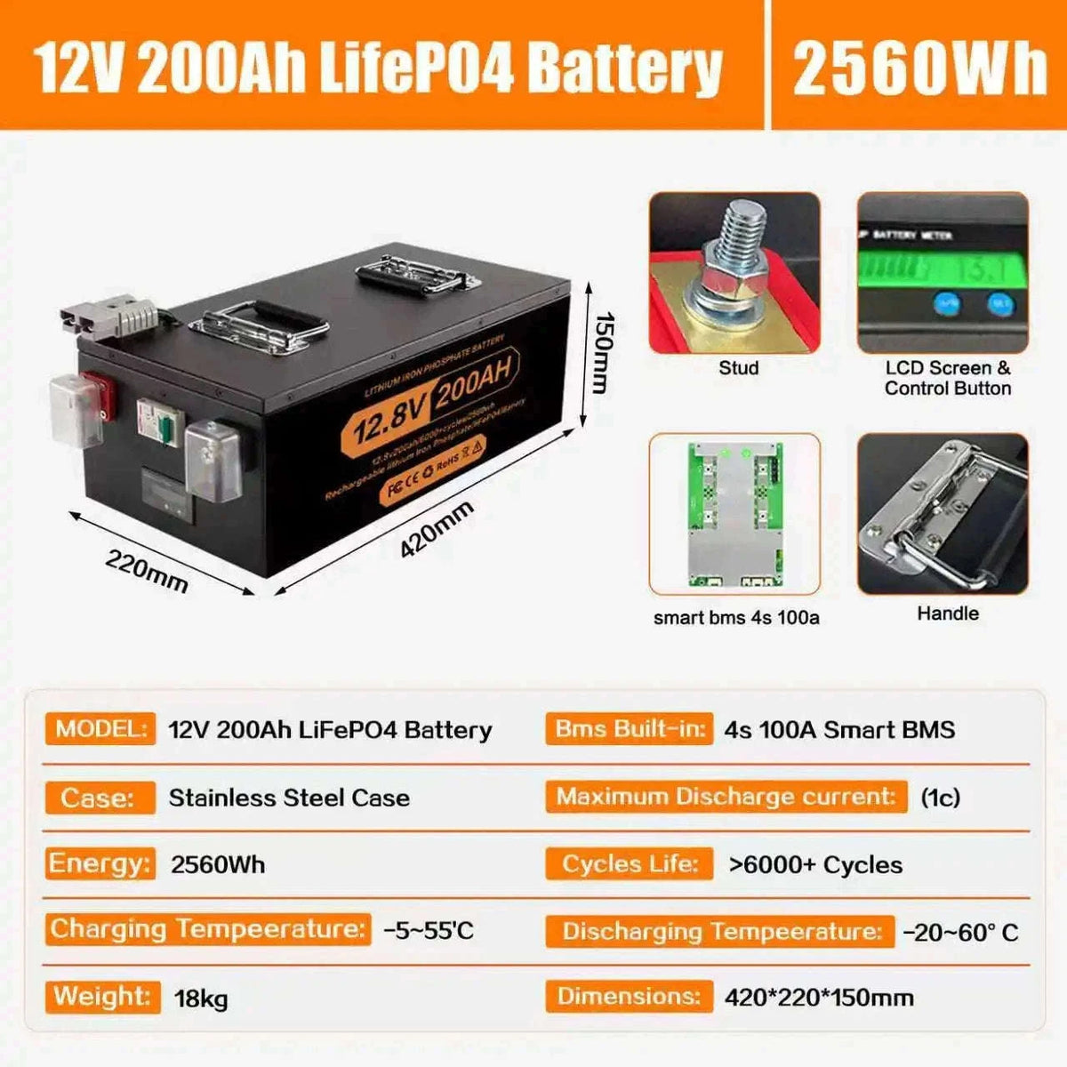 LiFePO4 Lithium Battery 100Ah-400Ah 12V/24V/48V with 100A BMS-12V 400Ah-5210Wh / China Mainland