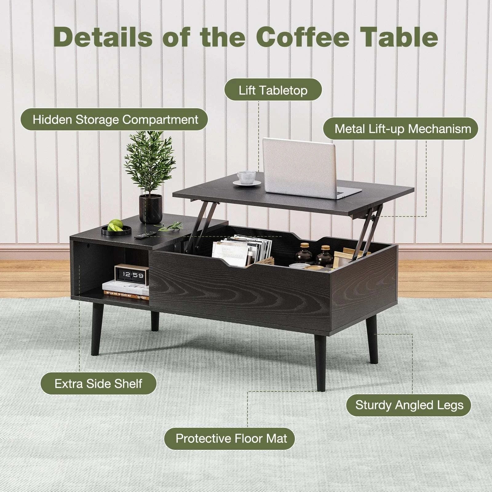 Lift Top Coffee Table with Storage Shelf 39.37" Modern Wood Desk-black / United States