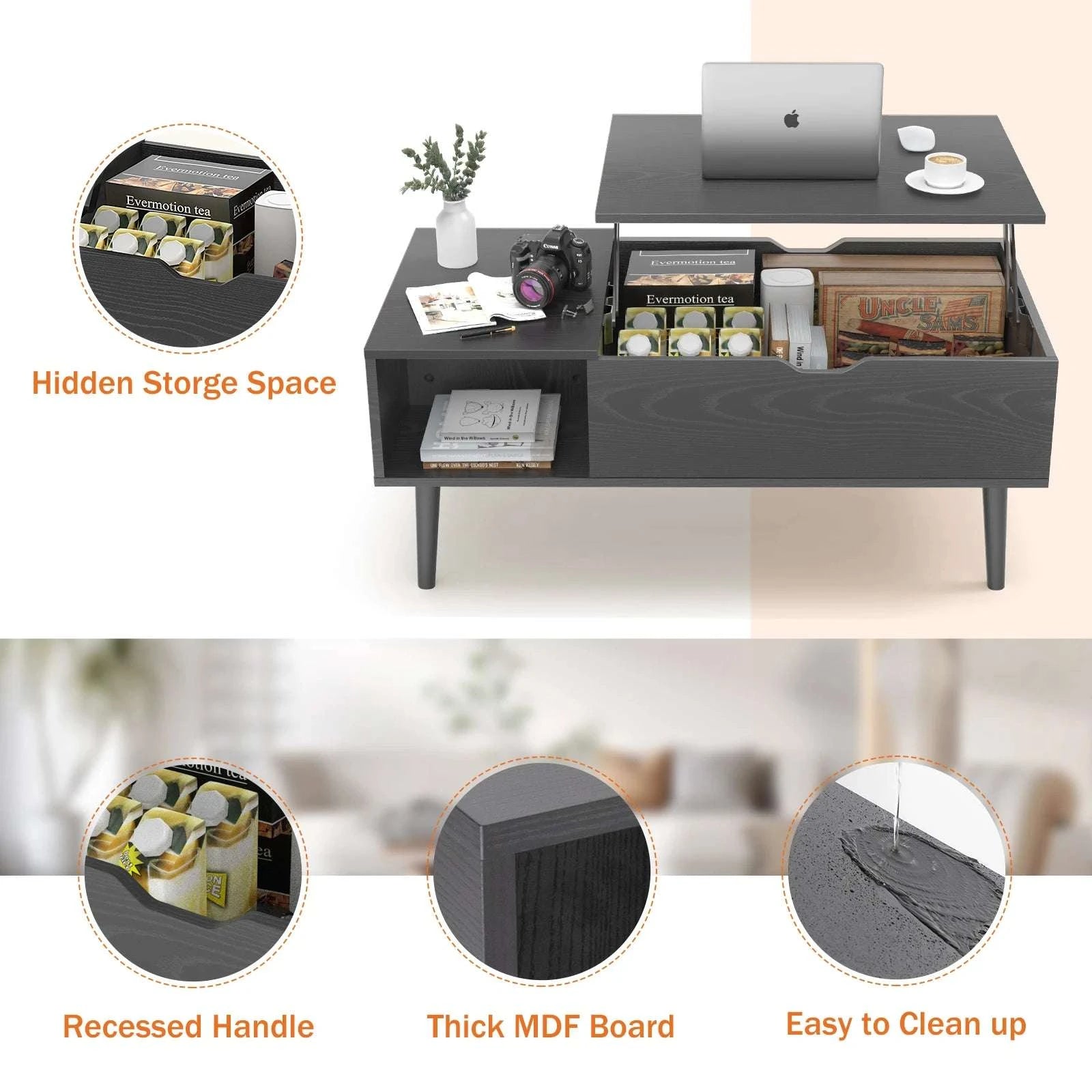 Lift Top Coffee Table with Storage Shelf 39.37" Modern Wood Desk-black / United States