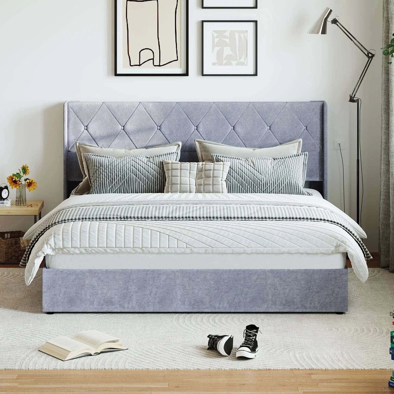 Lift-Up Storage Bed Frame with Upholstered Wingback Headboard-Full / United States
