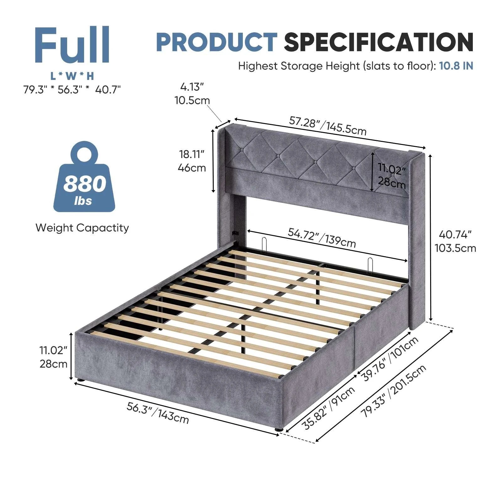 Lift-Up Storage Bed Frame with Upholstered Wingback Headboard-Full / United States