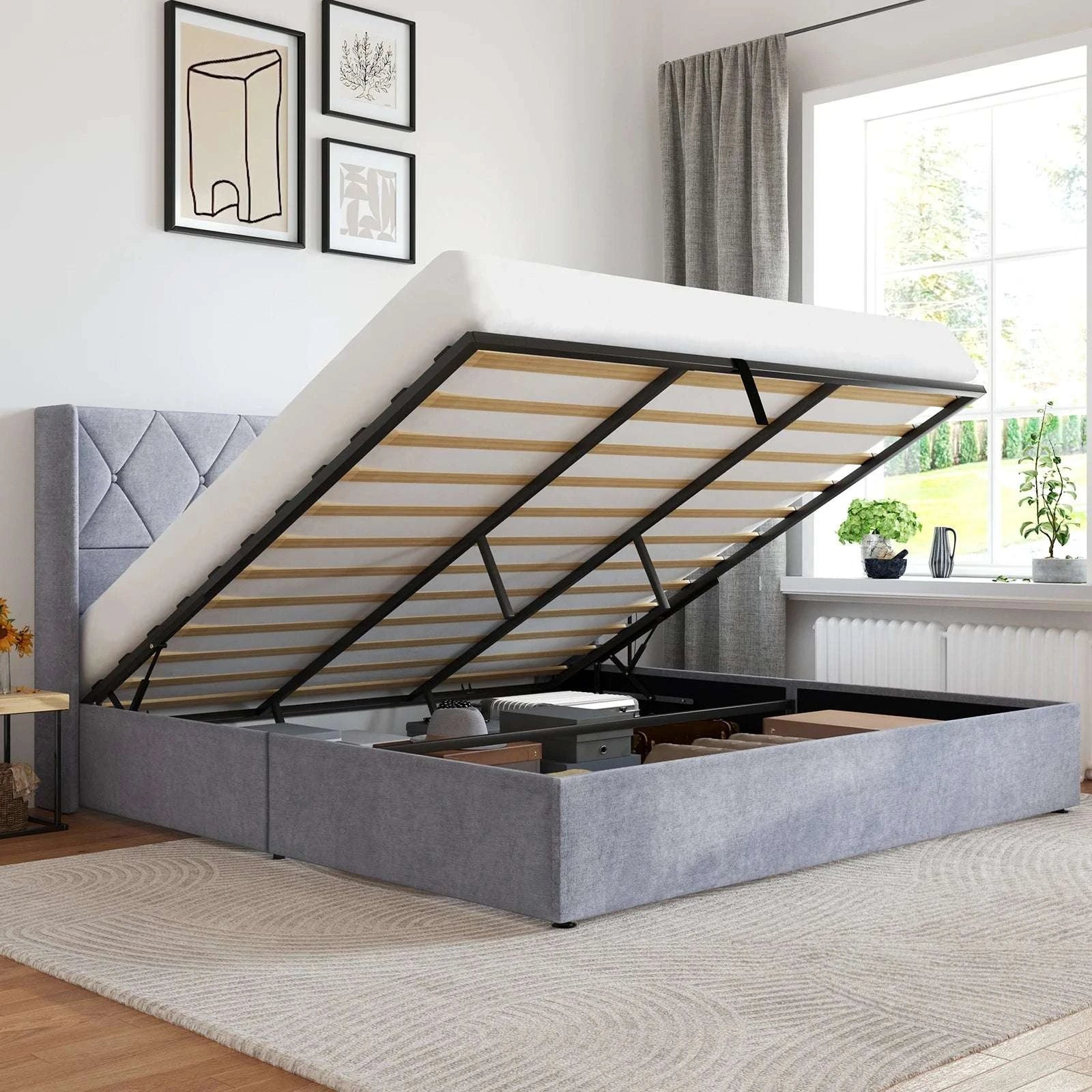 Lift-Up Storage Bed Frame with Upholstered Wingback Headboard-Full / United States