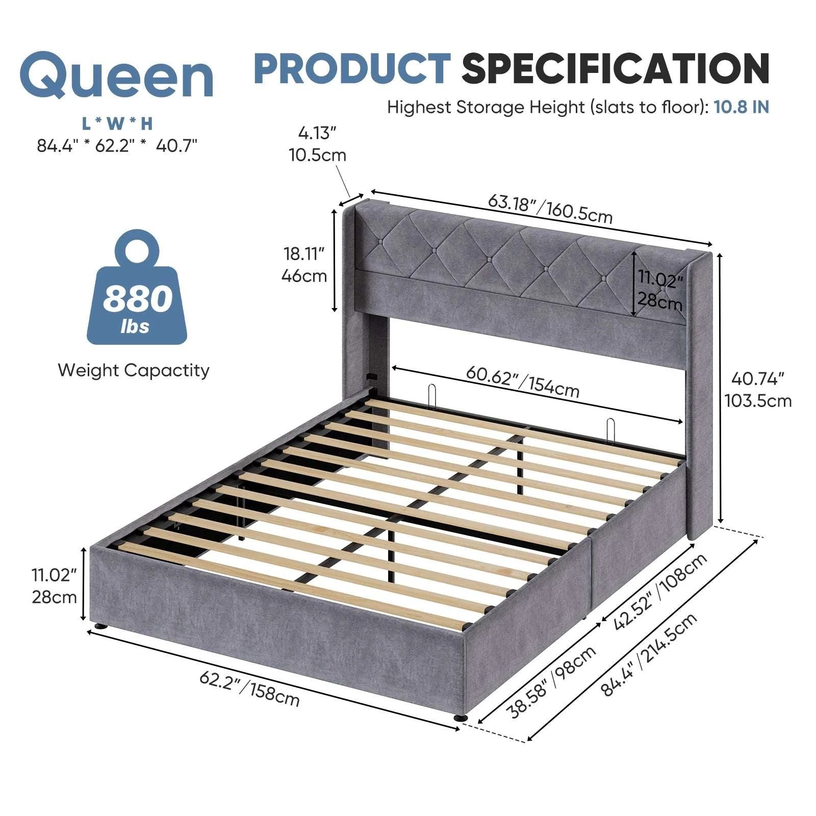 Lift-Up Storage Bed Frame with Upholstered Wingback Headboard-Full / United States