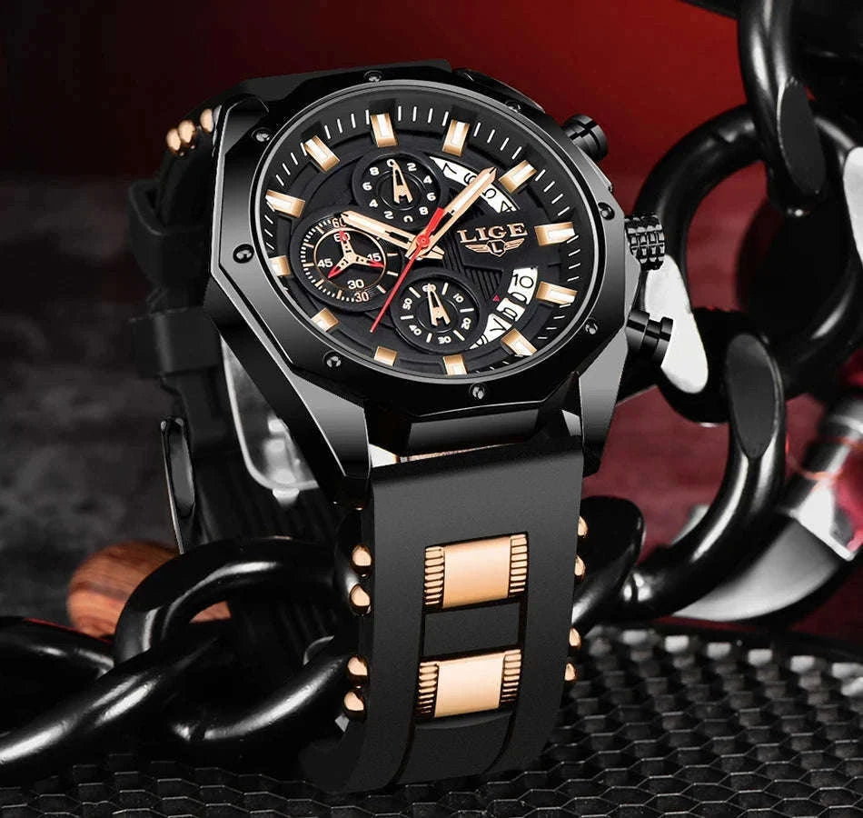 LIGE Luxury Silicone Sport Watch for Everyday Style-silver black