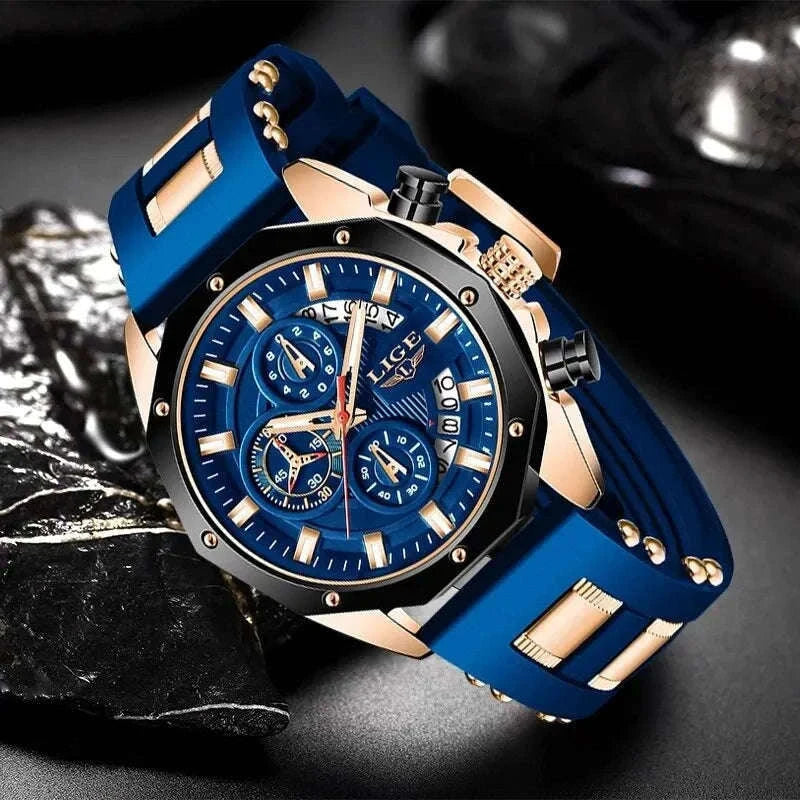 LIGE Luxury Silicone Sport Watch for Everyday Style-silver black