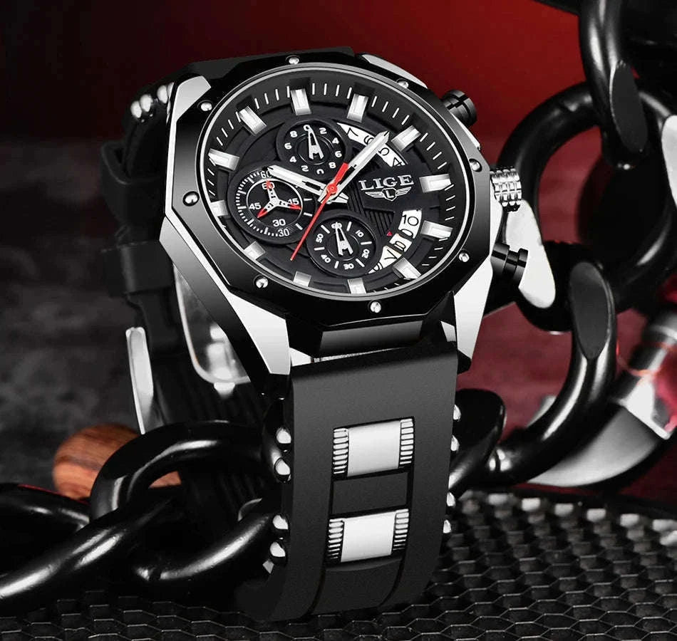 LIGE Luxury Silicone Sport Watch for Everyday Style-silver black