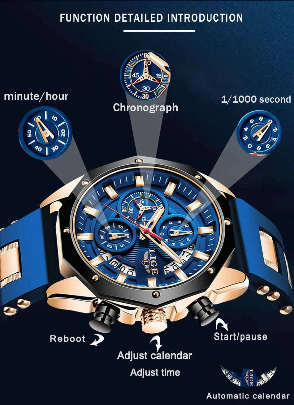 LIGE Luxury Silicone Sport Watch for Everyday Style-silver black