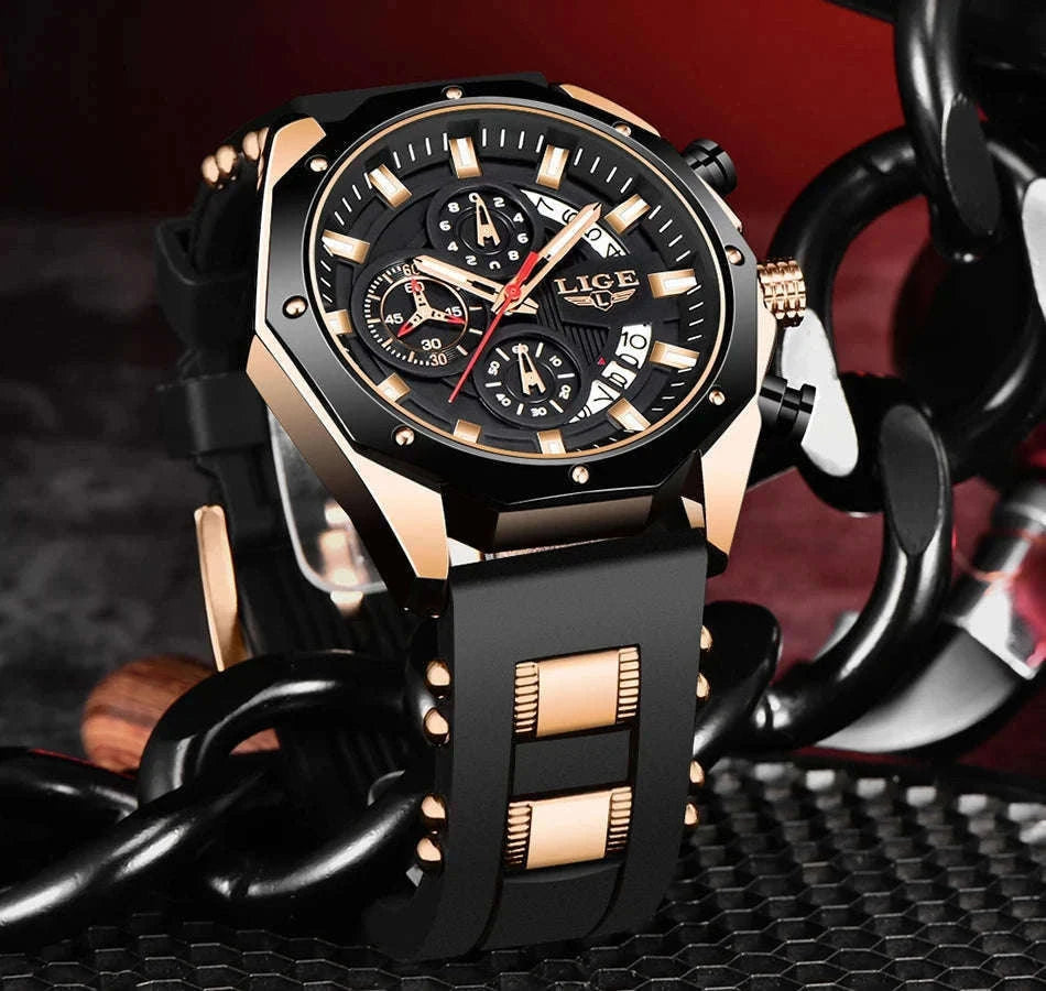 LIGE Luxury Silicone Sport Watch for Everyday Style-silver black