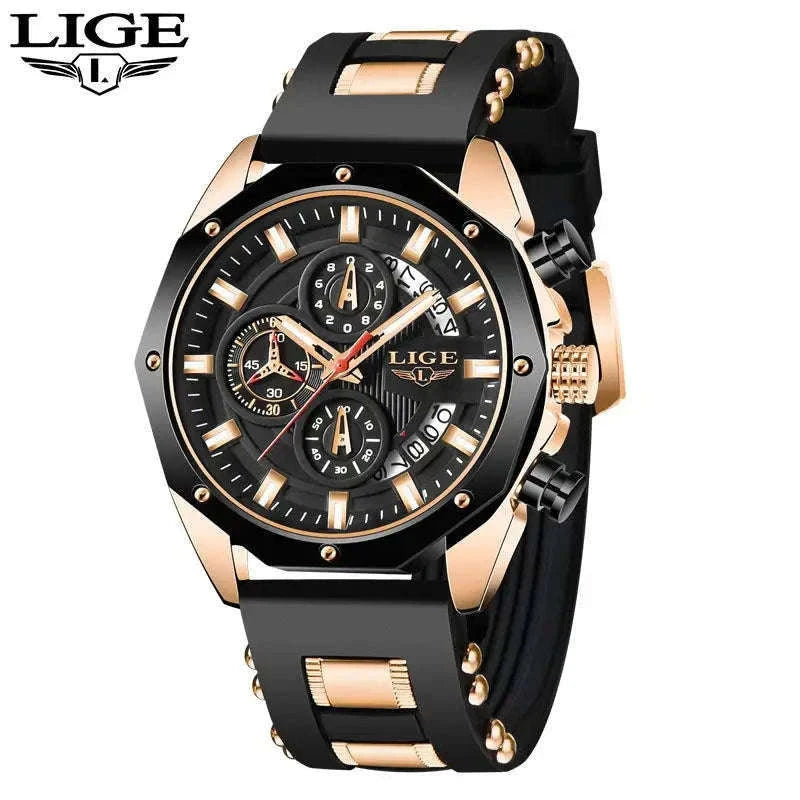 LIGE Luxury Silicone Sport Watch for Everyday Style-silver black