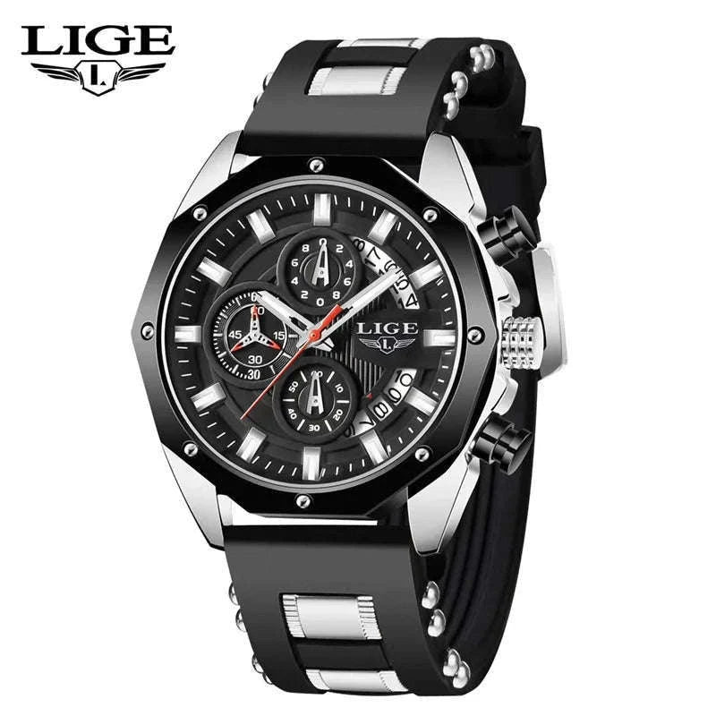 LIGE Luxury Silicone Sport Watch for Everyday Style-silver black
