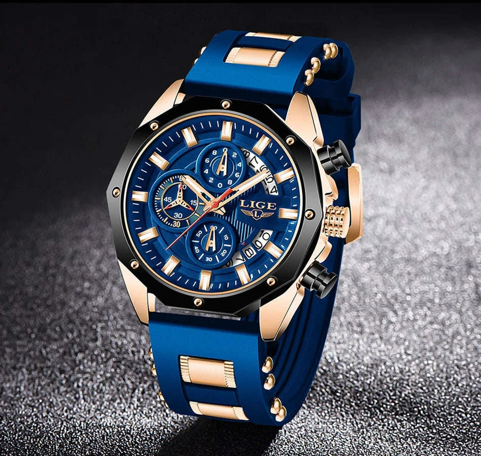 LIGE Luxury Silicone Sport Watch-silver black