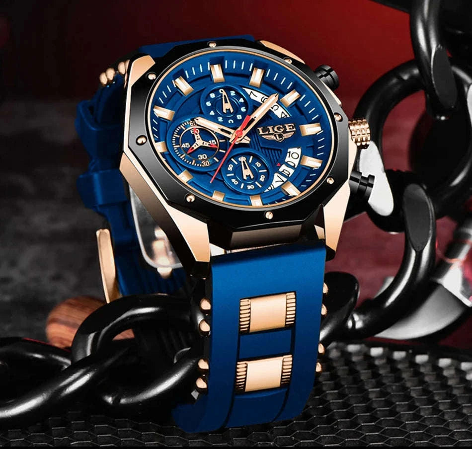 LIGE Luxury Silicone Sport Watch-silver black