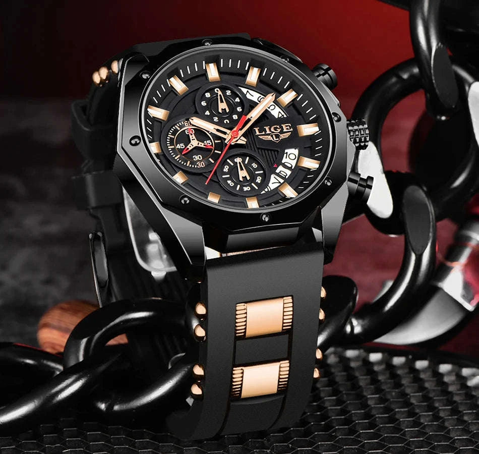 LIGE Luxury Silicone Sport Watch-silver black