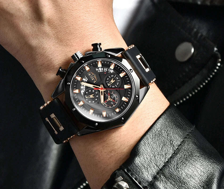 LIGE Luxury Silicone Sport Watch-silver black