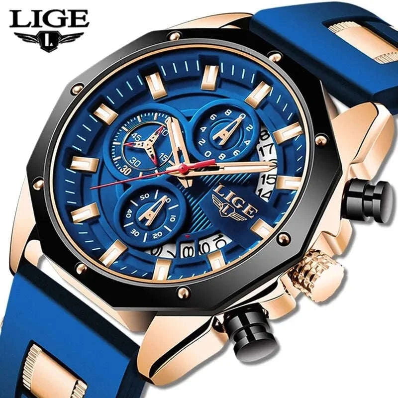 LIGE Luxury Silicone Sport Watch-silver black