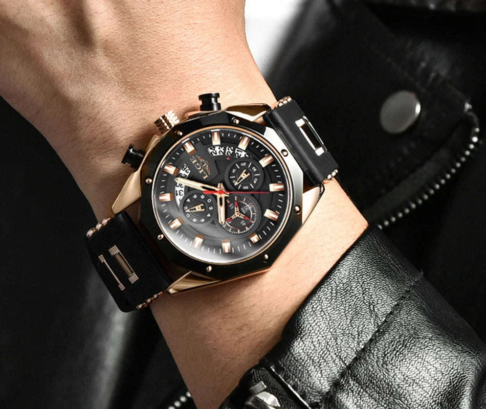 LIGE Luxury Silicone Sport Watch-silver black