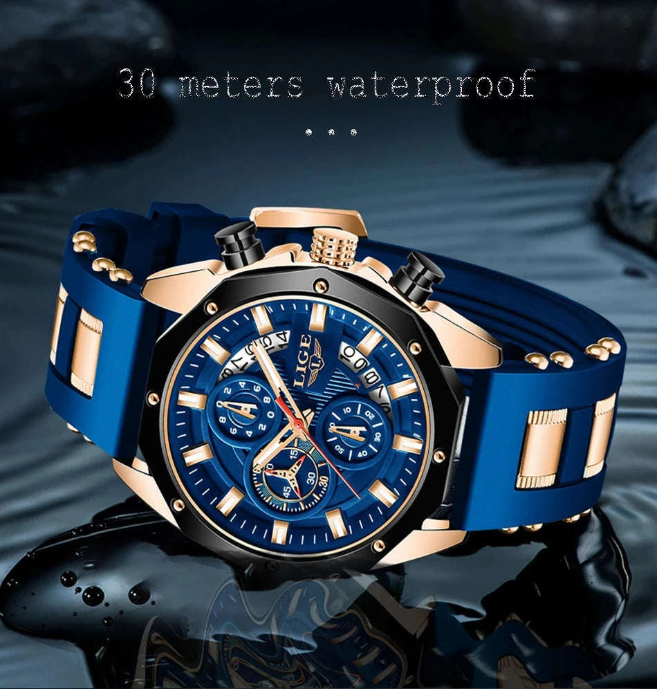 LIGE Luxury Silicone Sport Watch-silver black