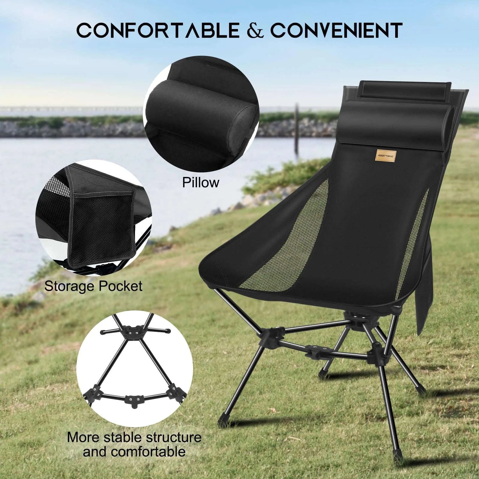 Lightweight Folding High Back Camping Chair with Head Support-Black