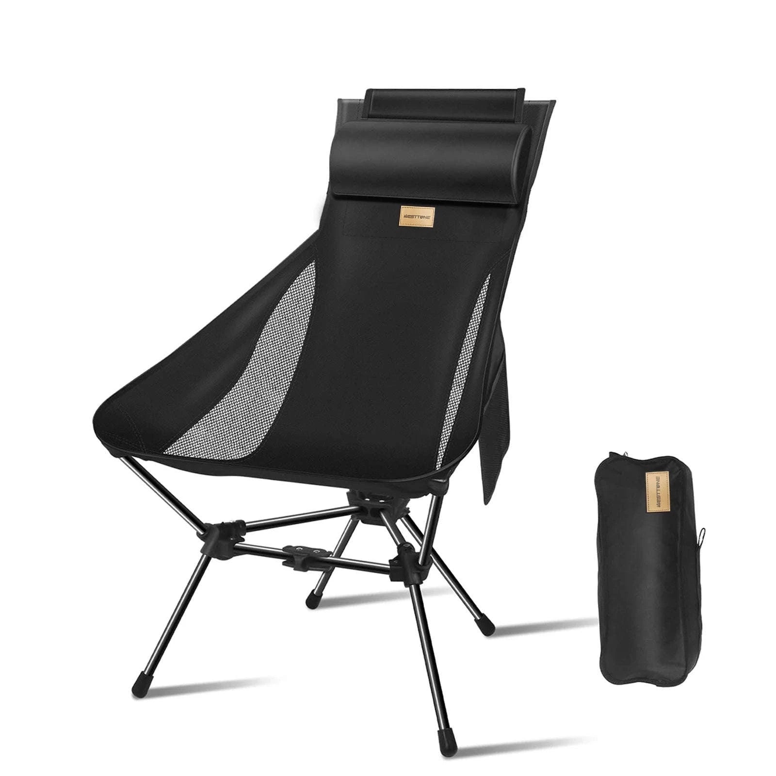 Lightweight Folding High Back Camping Chair with Head Support-Black