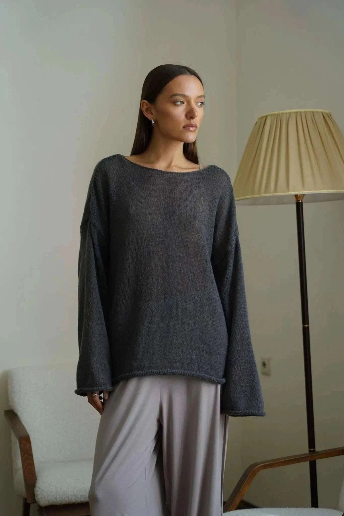 Lightweight Loose Fit Turtleneck Sweater for Women Soft Casual Pullover-GRAY / S
