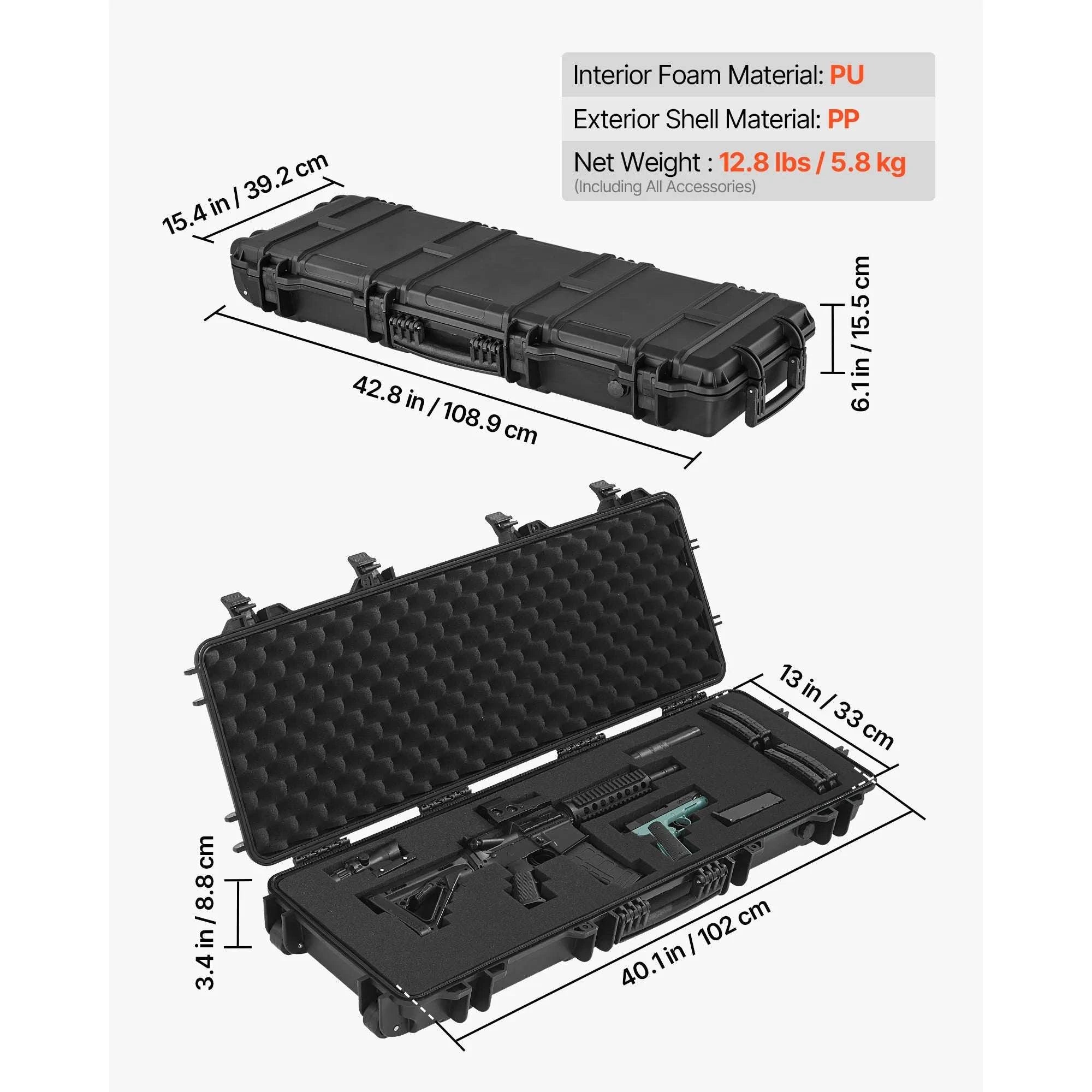 Lockable Hard Rifle Case with Foam Insert, IP67 Waterproof Travel Case-42.8x15.4in Grey / United States