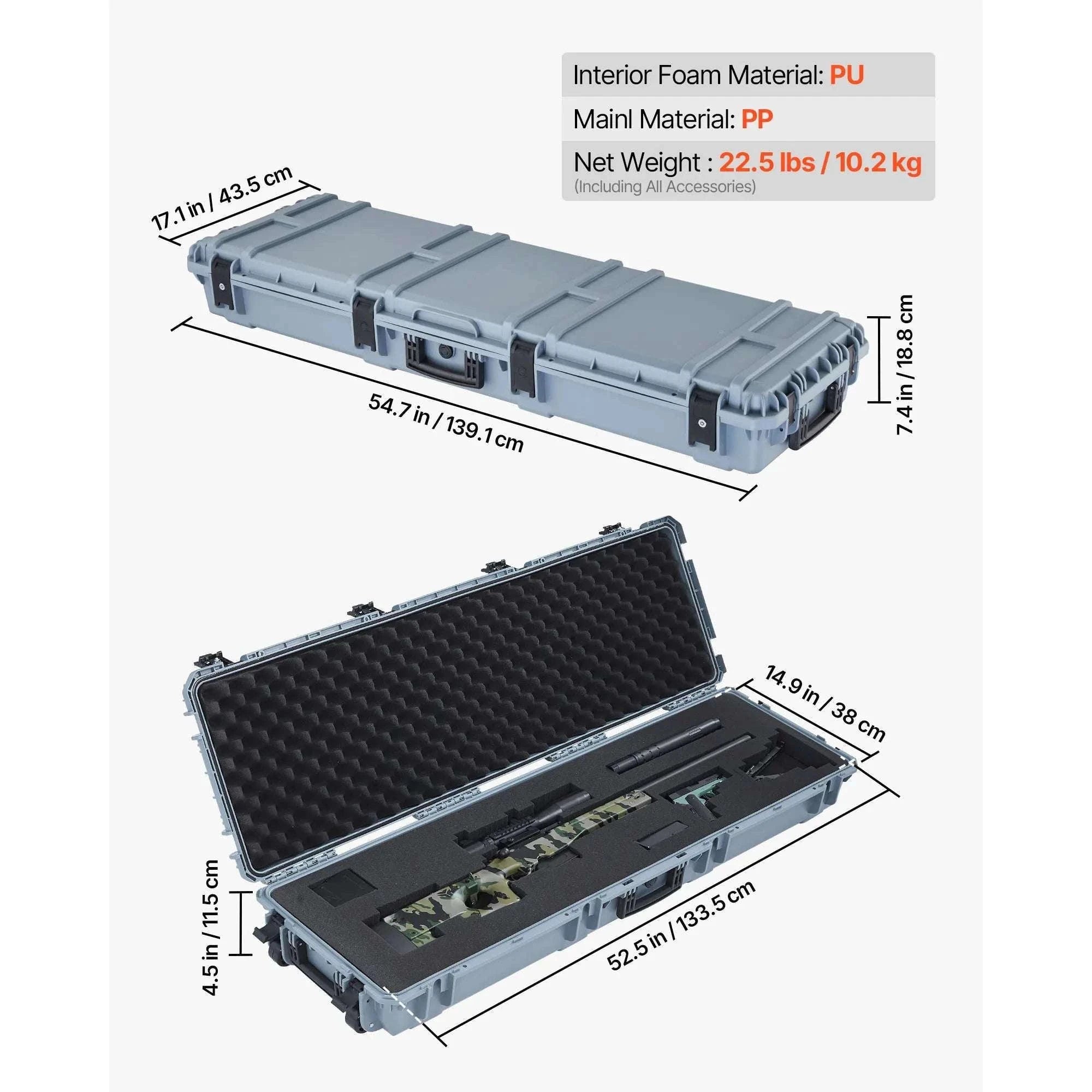 Lockable Hard Rifle Case with Foam Insert, IP67 Waterproof Travel Case-42.8x15.4in Grey / United States