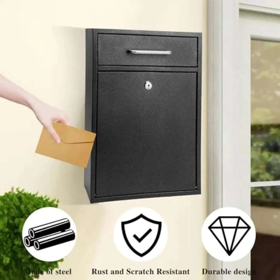 Locking Wall Mount Mailbox XL 16x11.2x4.7 in Secure Iron Drop Box-United States / Black