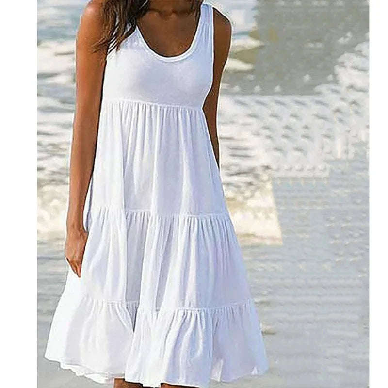 Loose Dress Women’s Casual Sleeveless Ruffle Mini Dress-8806-White / XXL