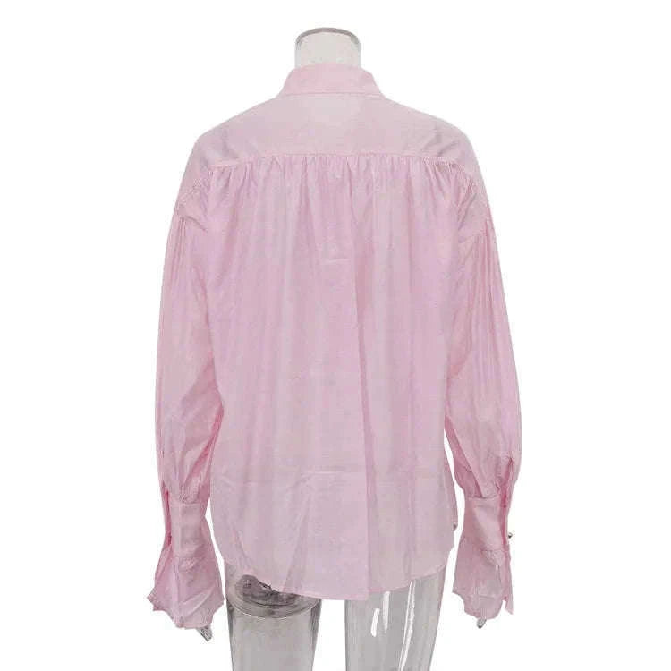 Loose Fit Chiffon Collared Shirt with Flare Sleeves for Women-Pink / S