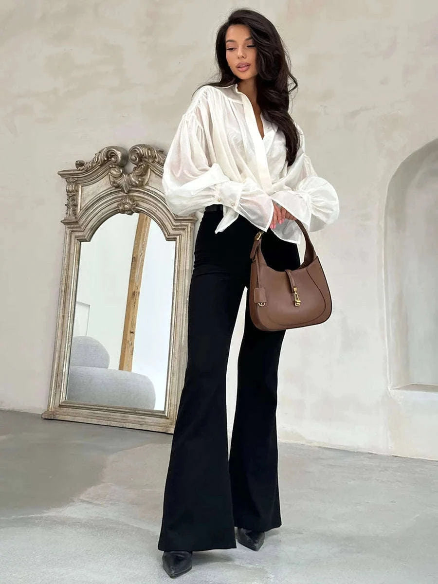 Loose Fit Chiffon Collared Shirt with Flare Sleeves for Women-Pink / S