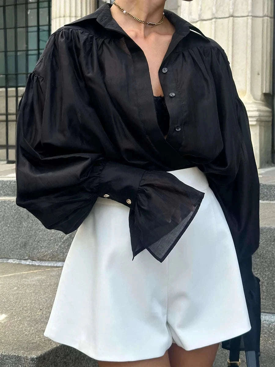 Loose Fit Chiffon Collared Shirt with Flare Sleeves for Women-Pink / S