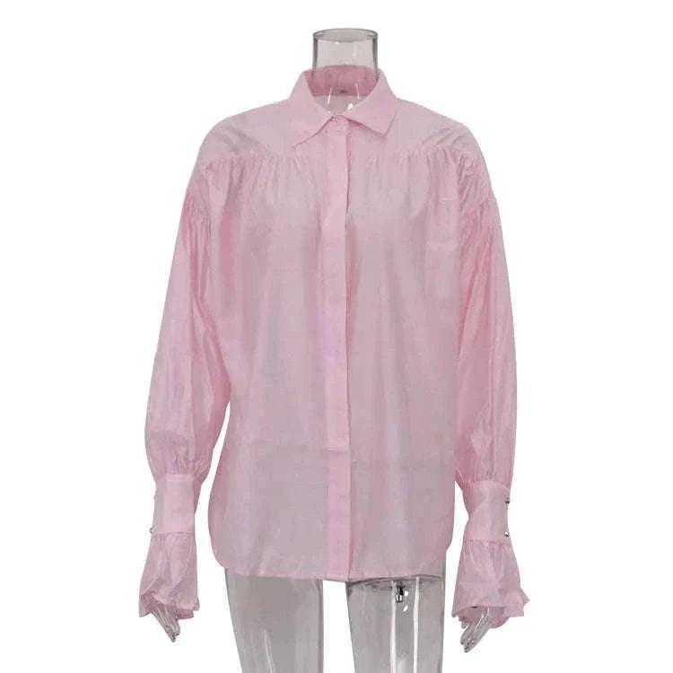Loose Fit Chiffon Collared Shirt with Flare Sleeves for Women-Pink / S